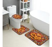 Dragon - Lot de 3 tapis de salle de bain vintage à motif floral, absorbants, antidérapants, lavables en forme de U, en flanelle, à séchage rapide