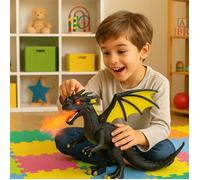 Dragon Noir Coloré 35 cm Interactif Cracheur de Fumée, Ailes Battantes et Rugissement, Lumière et Son, Jouet pour Enfant