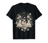 Dragon on Open Book Floral Library Fantasy T-Shirt