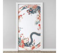 Dragon Oriental Autocollant Porte 3D Fleur Pivoine Cercle Affiche Animaux Mythologie Chine Stickers Porte Poster de Porte PVC Auto-adhésif pour Salon Cuisine Chambre Salle de Bain 85x215cm W8r108