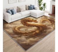 Dragon Oriental Mer Nuages Tapis Salon Antidérapant Lavable 200x300cm | Poil Ras Doux Dragon Doré Mythologie Orientale Tapis pour Salle a Manger Bureau Cuisine Descente de lit Chambre Decoration