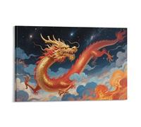 Dragon Rouge Chinois Tableau Mural, Présage Heureux Affiche Œuvre D'art | Impression Image Sur Toile, Classique Décor Maison Pour Salon Chambre, Cadeau 08x12inch(20x30cm)