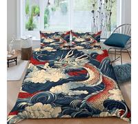 Dragon Sea Art Parure de Lit Microfibre résistante 3 Pièces 3D Effet Léger Japanese Wave Style Ensemble De Literie avec Taie d'oreiller Facile d'entretien for Femmes Single（140x200cm）