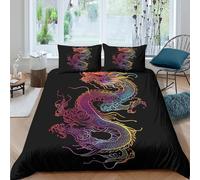 Dragon Tattoo Art Linge de Lit 3D Effet Microfibre 3 Pièces Hypoallergique Coloré Neon Style Ensemble De Literie avec Taie d'oreiller Facile d'entretien for Chambre Adulte Double（200x200cm）