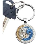 Dragon Tiger Charm Keychain 2.5cm Glossy Pendant For Purse Backpack | Stylish Blue And White Dragon Tiger Design With Glass Finish For Bags And Keys. Great For Everyday Use And Gifting.