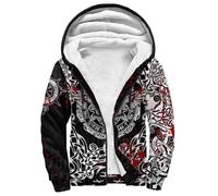 Dragon Viking Amulette Mjölnir Sweat Homme Capuche Zippé Veste Polaire Chaude Mythologie Nordique Tatouage Hiver Sprort Doublé Sweat-Shirt à Capuche Doublure Hoodie(Blood Raven,XXL)