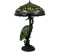 Dragonfly Lamp Stained Glass Table Lamp Desk Light with 18 inch Wide Handmade Shade and Crane Lighted Base for Living Room Bedroom Bedside Home Office Decoration, 18" W X 30" H,Green