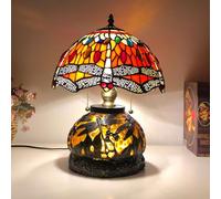 Dragonfly Lamp Table Lamp Stained Glass Lamp Bed Room Bedside Reading Desk Light for Living Office Dormitory Retro Accent Decor 12 inch Nightstand Lamps,Red