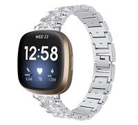 Dragonne compatible avec Fitbit Versa 4 / Sense 2 / Versa 3 / Sense Bling Bands pour femmes Bracelet élégant en acier inoxydable en strass Bracelet de bijoux