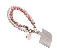 Dragonne De Téléphone En Perles Bracelet à breloques en cuir avec perles camélia for téléphone portable, chaîne Anti-perte, sangle universelle for , pendentif corde, clé métal, 26cm(Pink with gasket)