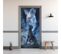 Dragons de Foudre Stickers Porte Éclair Sticker Mural Auto-adhésif 3D 77x200cm Autocollant Porte Dragon Bleu Poster Papier Peint PVC Imperméable Amovible pour Salon Chambre Bain