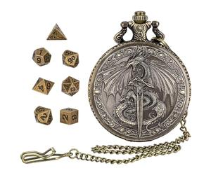 DragonSword D&D Dice Set with Pocket Watch Case, 7PCS Metal Dice Set for Dungeons and Dragons, Mini Dice Set with Pocket Watch Case, Role Playing Board Games Accessories (Gold)