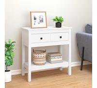 Drainlyn Table console blanche 75 x 35 x 75 cm en pin massif, 2 tiroirs, 1 étagère ouverte, table d'appoint pour couloir et salon, avec espace de rangement pour décoration