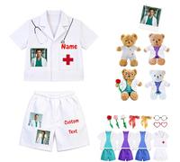 DRAJOIN Ensemble Vêtements Personnalisé Ours Médecin avec Tenue Médicale Pantalon Et Blouse Blanche, Adapté Aux Peluches 20-40cm avec Photo Nom pour Étudiants Médecine Et Simulation Enfant