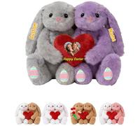 DRAJOIN Peluche Lapin Câlin Personnalisée avec Cœur, Bunny Stuffed Animal en Peluche avec Texte Photo sur Mesure comme Premiers Cadeaux De Pâques pour Garçons Et Filles À Pâques 2 Pièces, 25cm