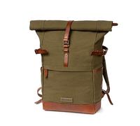 DRAKENSBERG Sac à dos Rolltop 'Wyatt' en toile et cuir, compartiment ordinateur portable 15" - Design utilitaire vintage, femmes, hommes, 20-30L - Vert-Olive, DR00106
