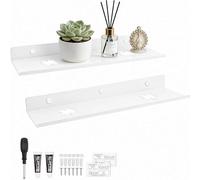 DRAKEWOOD 2 Pièce 40cm étagère Murale Flottante Blanche Etagere murale Autocollante Etroite Rectangulaire Tablette Murale Metal Blanc pour Douche Cuisine Chambre Salon Bureau- Montage par Vis/Adhesive