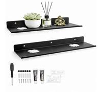 DRAKEWOOD 2 Pièces 40cm Etagere Flottante Murale Noir étagère Murale sans Percage Etroite Rectangulaire Tablette Murale Metal pour Salle de Bain Cuisine Chambre Salon Bureau - Montage par Vis/Adhésif