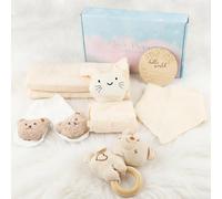 DRAKEWOOD 6-en-1 Coffret Naissance Bebe Mixte avec Lange en Mousseline Doudou Chaton Bebe Bavoir Coton Chaussettes Hochet et Carte Etapes - Beige Baptême Ensemble Cadeau pour Nouveau-né Fille Garcon