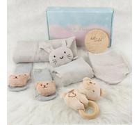 DRAKEWOOD 6-en-1 Coffret Naissance Bebe Mixte avec Lange en Mousseline Doudou Chaton Bebe Bavoir Coton Chaussettes Hochet et Carte Etapes - Gris Baptême Ensemble Cadeau pour Nouveau-né Fille Garcon
