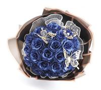 DRAKEWOOD Bouquet de Rose Scintillante Bleue avec 24 Pièces Rose Artificielle Pailletée Papillon Couronne et Carte de Vœux-Bouquet de Fleur Eternelle paillet pour Saint Valentin Mariage Fête des Mères