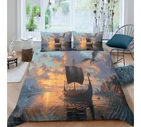 Drakkars vikings naviguant sur les mers, passant devant des villages nordiques Ensemble De Literie En Microfibre Motif Housse De Couette Taies D'oreiller Imprimées 3D Pour Enfants King（220x240cm）