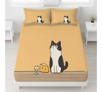Drap Dessin Animé Chat Fromage Verre À Vin 360° Élastique Intégral Drap-Housse, Bonnet 30 cm, Lavable en Machine, Drap de lit Doux & Respirant 180 x 200 cm + Taie d’Oreiller à Zip