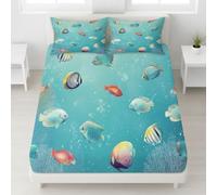 Drap Dessin Animé Poissons Tropicaux Récif De Corail 360° Élastique Intégral Drap-Housse, Bonnet 30 cm, Lavable en Machine, Drap de lit Doux & Respirant 90 x 190 cm + Taie d’Oreiller à Zip