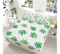 Drap Housse 100x200 cm Feuilles de Cannabis 3D Drap-Housse Vert Drap Plat Microfibre 1 Personne avec 2 Taie d'oreillers pour Matelas Épais XCW948