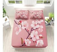 Drap Housse 120x190 Fleur de Pêcher de Sakura, 3D Rose Drap-Housse 120 x 190, Drap Plat 1 Personne, Drap Housse Enfant avec 2 Taies d'oreillers pour Matelas Épais a170