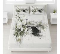 Drap Housse 140 x 200 cm 3 Pièces + 2 Taie d'oreiller 65 x 65 cm Microfibre Brossée - Matelas ≤30 cm, Douce, Anti-Froissement, Entretien Facile, Gris, Simple Floral Pont en Arche