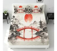 Drap Housse 140 x 200 cm 3D Imprimé Pont Rouge Soleil Rouge Style Japonais | Drap Housses en Microfibre Lit 1 Personne, Antidérapants, Lavable Ajustable, Doux, Résistant, Anti-Plis
