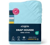 Drap Housse 140 x 200 x 27+ cm - 100% Coton 57 Fils/m2 - Bonnet Profond pour Matelas épais - Bleu Ciel