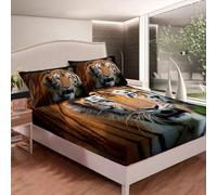 Drap Housse 140x190 cm 3D Tigre Drap-Housse 140x190 cm - pour lit de 140 x 190 à 30 cm - Hauteur du Matelas, Animaux Sauvages Drap Housse 2 Personnes avec 1 Taie d'oreiller D2601
