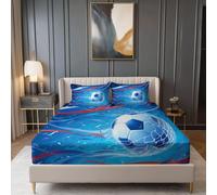 Drap Housse 140x190 cm, avec 2 Taie d'oreiller 65x65 cm - Drap Housse Microfibre Doux à Motifs Football Ruban, 30CM Grand Bonnet, Bleu Marine