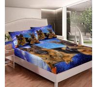 Drap Housse 140x190 cm Berger Allemand, 3D Chien Drap-Housse en Microfibre, Drap Plat 2 Personnes, Drap Housse avec 2 Taie d'oreillers pour Matelas Épais BL501