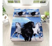 Drap Housse 140x190 cm Cheval Au Galop Et Océan Draps Housses en Microfibre brossé Doux Drap de Fond hypoallergénique Respirant sans Repassage avec Ourlet élastique Fort