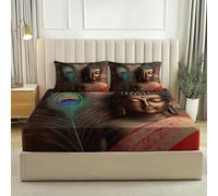 Drap-Housse 140x190 cm en Microfibre Religion Bouddha Plumes De Paon avec Coins élastiqués pour Matelas 30 cm de Hauteur, hypoallergénique Doux et Durable Lavable en Machine, Brun