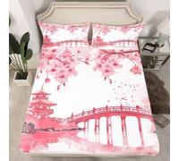 Drap Housse 140x190 cm Fleurs de Cerisier Japonais, 3D Architecture Japonaise Drap-Housse en Microfibre, Drap Plat 2 Personnes avec 2 Taie d'oreillers pour Matelas Épais C.L963