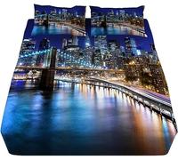 Drap Housse 140x190 cm New York, 3D Ville Drap-Housse 140x190 cm - pour lit de 140 x 190 à 30 cm - Hauteur du Matelas, Drap Housse 2 Personnes avec 1 Taie d'oreiller