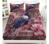 Drap Housse 140x190 cm Rose Housse de Matelas Filles, Garçons | Drap Housses en Microfibre Motif Paon Et Magnolia Protection de Matelas Bonnet 30 cm, Doux Résistant aux Rides