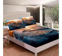 Drap Housse 140x190 cm Vue sur la Mer, 3D Coucher de Soleil Drap-Housse en Microfibre, Drap Plat 2 Personnes, Drap Housse avec 2 Taie d'oreillers pour Matelas Épais Q/L1719