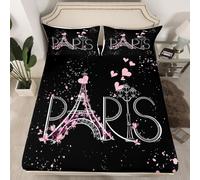 Drap Housse 140x190 Paris Draps Housse 2 Personnes Romance Rose 3D Housse Matelas Grand Bonnet de 30 cm Drap-Housse Microfibre Doux avec 2 Taies D'oreillers A8291