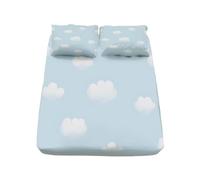 Drap Housse 140x190cm Antidérapants Résistant aux Rides, avec Grand Bonnet de 30 cm - Drap-Housse Microfibre Doux à Motif Nuages Ciel Bleu, avec 2 Taie d'oreiller - Bleu Clair