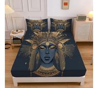 Drap Housse 140x190cm, avec 2 Taie d'oreiller 65x65cm, Drap Housse Microfibre Doux à Motif Feuille Rayures Reine L'Égypte Antique, 30CM Grand Bonnet Bleu Foncé