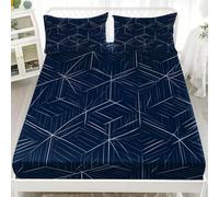 Drap Housse 140x190x30cm en Microfibre Douce, Bleu Foncé Draps-Housses Poche Profonde 30cm, Art LinéAire GéOméTrique Parure de Lit 1 Personne Respirant pour Enfants, Adolescents + 2 Taies D'oreillers