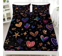 Drap Housse 140x190x30cm en Microfibre Douce, Coloré Draps-Housses Poche Profonde 30cm, Imprimé Coeur Romantique Parure de Lit 1 Personne Respirant pour Enfants, Adolescents + 2 Taies D'oreillers