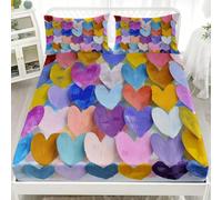 Drap Housse 140x190x30cm en Microfibre Douce, Coloré Draps-Housses Poche Profonde 30cm, Imprimé en Forme de CœUr Parure de Lit 1 Personne Respirant pour Enfants, Adolescents + 2 Taies D'oreillers