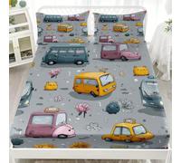 Drap Housse 140x190x30cm en Microfibre Douce, Multicolore Draps-Housses Poche Profonde 30cm, ThèMe de La Circulation de Dessin Animé Parure de Lit 1 Personne Respirant pour Enfants, Adolescents