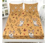Drap Housse 140x190x30cm en Microfibre Douce, Orange Clair Draps-Housses Poche Profonde 30cm, Imprimé Corgi de Dessin Animé Parure de Lit 1 Personne Respirant pour Enfants, Adolescents